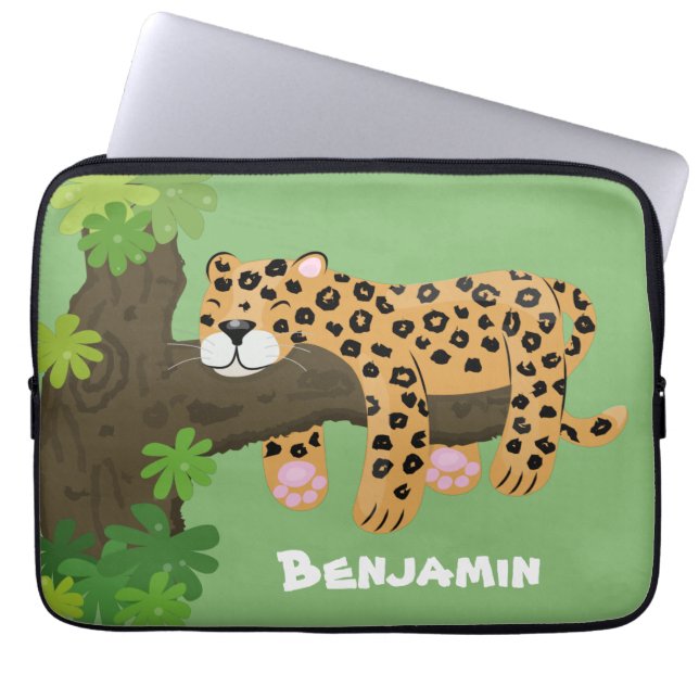 Cute leopard sleeping in tree cartoon illustration laptop sleeve (Front)