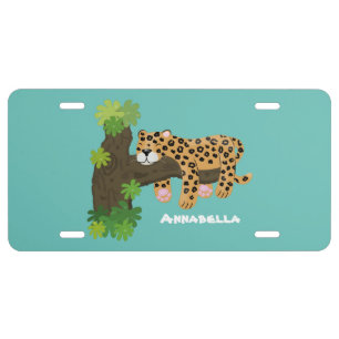 Cute leopard sleeping in tree cartoon illustration license plate