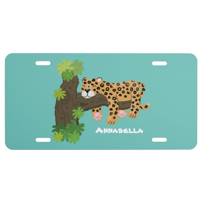 Cute leopard sleeping in tree cartoon illustration license plate (Front)