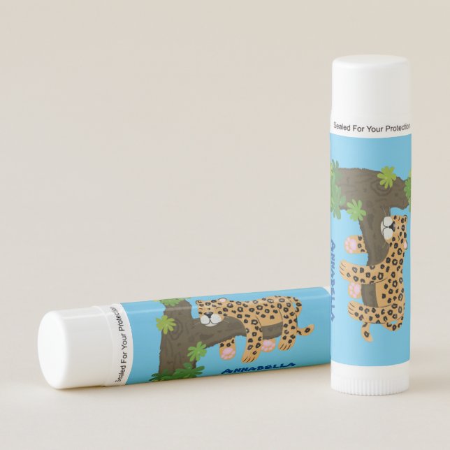 Cute leopard sleeping in tree cartoon illustration lip balm (Front)