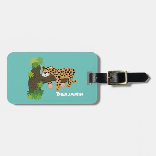 Cute leopard sleeping in tree cartoon illustration luggage tag