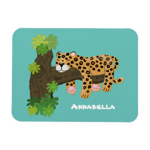 Cute leopard sleeping in tree cartoon illustration magnet