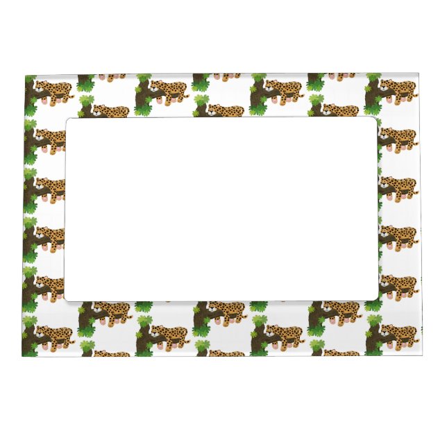 Cute leopard sleeping in tree cartoon illustration magnetic frame (Front)