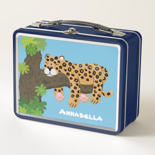 Cute leopard sleeping in tree cartoon illustration metal lunch box