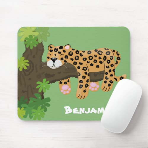 Cute leopard sleeping in tree cartoon illustration mouse pad