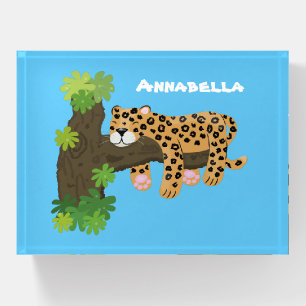 Cute leopard sleeping in tree cartoon illustration paperweight