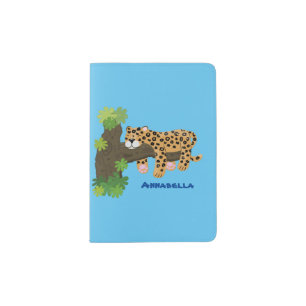 Cute leopard sleeping in tree cartoon illustration passport holder