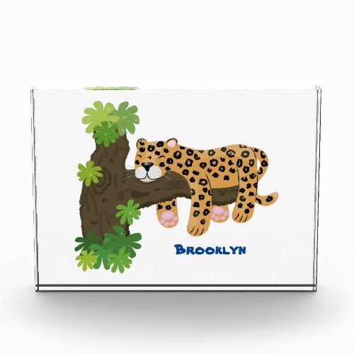 Cute leopard sleeping in tree cartoon illustration photo block