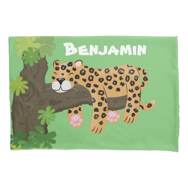 Cute leopard sleeping in tree cartoon illustration pillow case (Front)