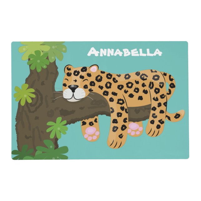 Cute leopard sleeping in tree cartoon illustration placemat (Front)