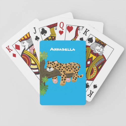 Cute leopard sleeping in tree cartoon illustration poker cards