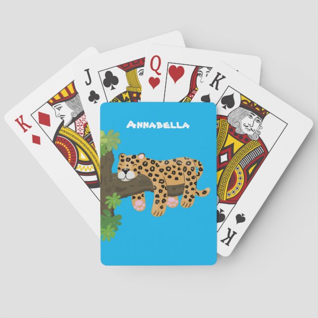 Cute leopard sleeping in tree cartoon illustration poker cards (Back)