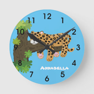 Cute leopard sleeping in tree cartoon illustration round clock