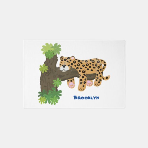 Cute leopard sleeping in tree cartoon illustration rug