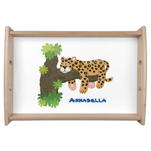 Cute leopard sleeping in tree cartoon illustration serving tray