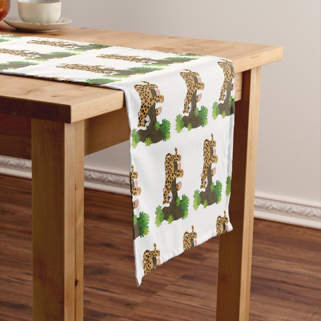 Cute leopard sleeping in tree cartoon illustration short table runner (In Situ)