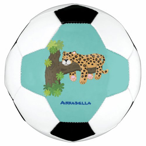 Cute leopard sleeping in tree cartoon illustration soccer ball