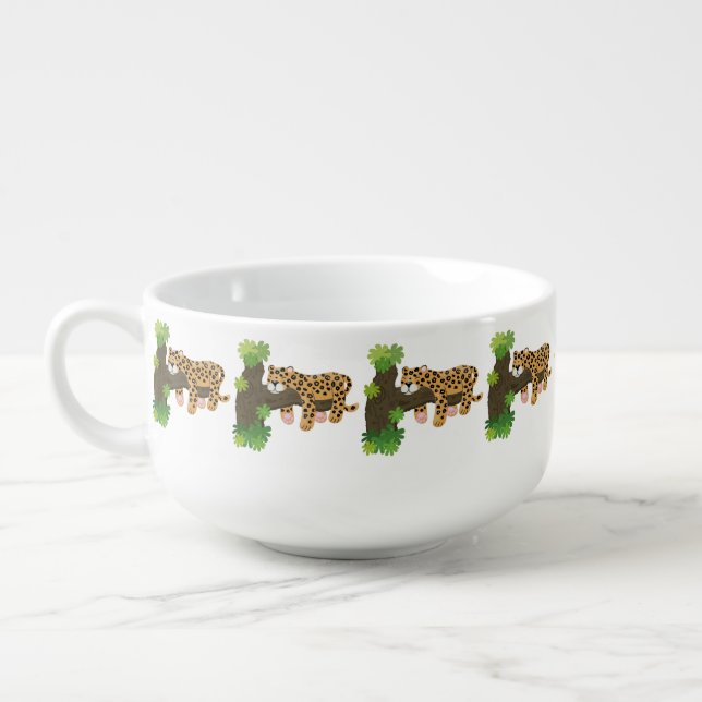 Cute leopard sleeping in tree cartoon illustration soup mug (Right)