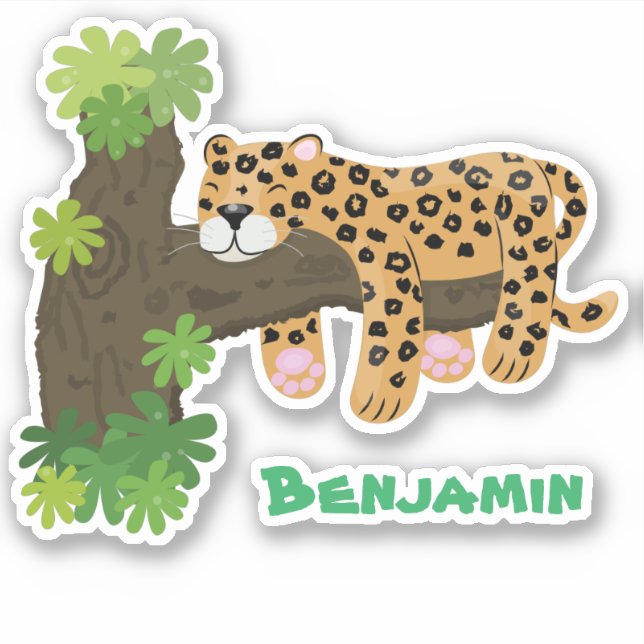 Cute leopard sleeping in tree cartoon illustration sticker (Front)