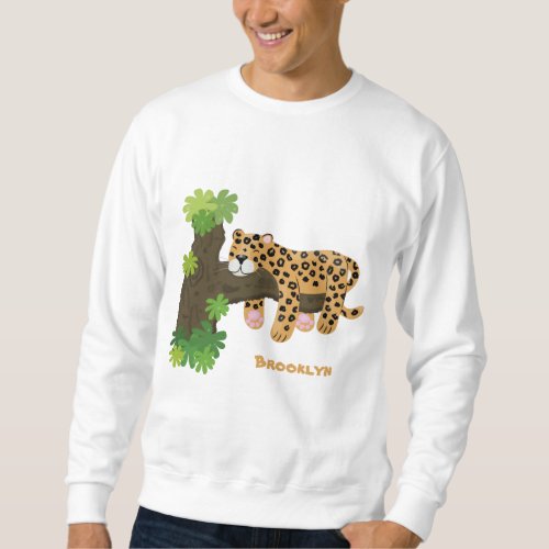 Cute leopard sleeping in tree cartoon illustration sweatshirt