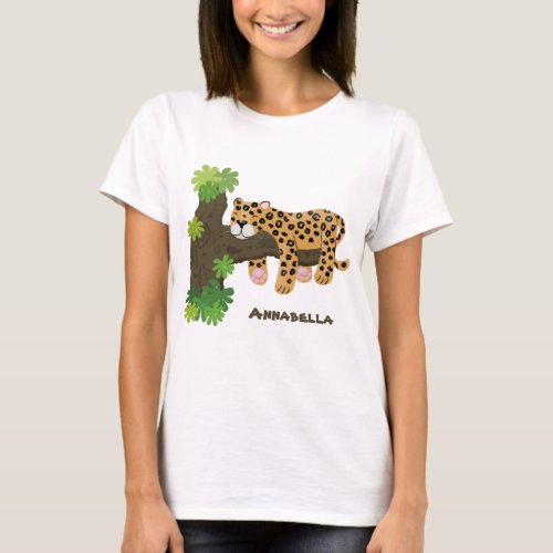 Cute leopard sleeping in tree cartoon illustration T_Shirt