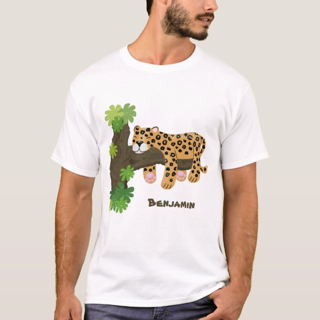 Cute leopard sleeping in tree cartoon illustration T-Shirt (Front)