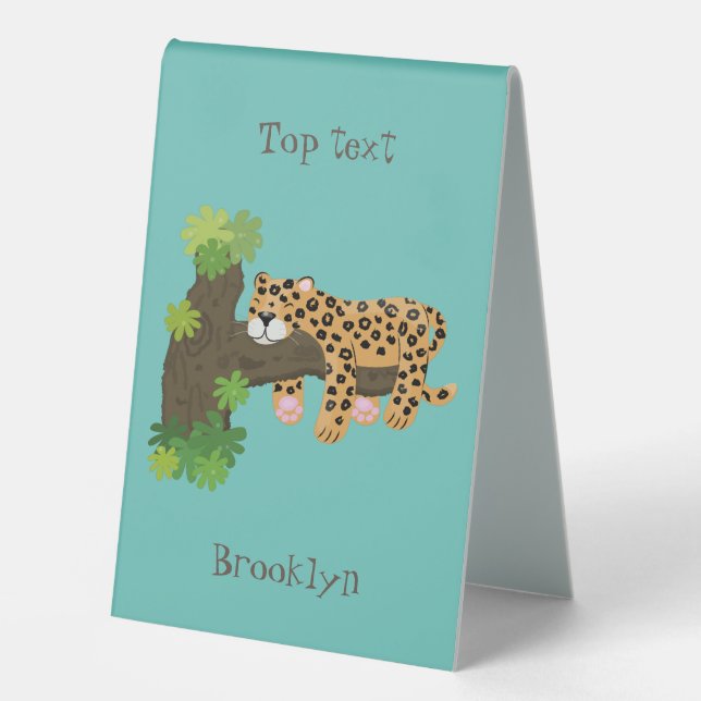 Cute leopard sleeping in tree cartoon illustration table tent (Front)