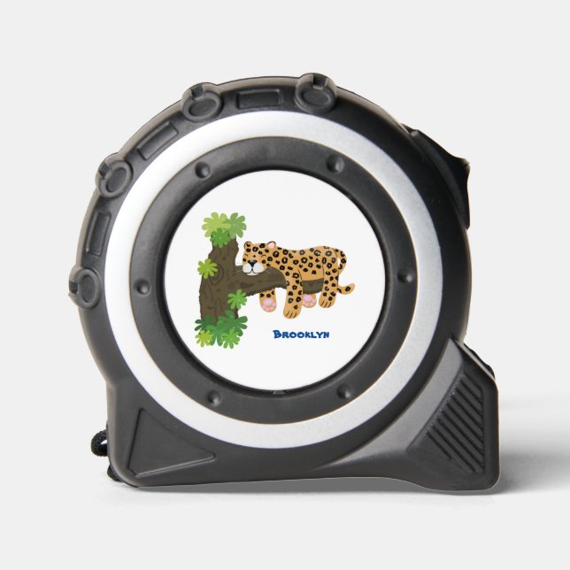 Cute leopard sleeping in tree cartoon illustration tape measure (Front)
