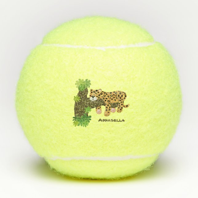 Cute leopard sleeping in tree cartoon illustration tennis balls (Front)