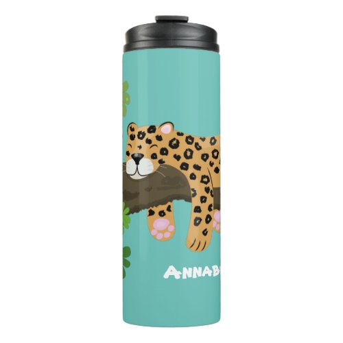 Cute leopard sleeping in tree cartoon illustration thermal tumbler