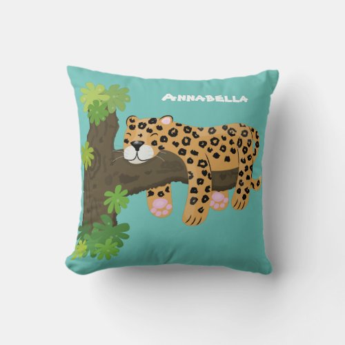 Cute leopard sleeping in tree cartoon illustration throw pillow
