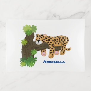 Cute leopard sleeping in tree cartoon illustration trinket tray