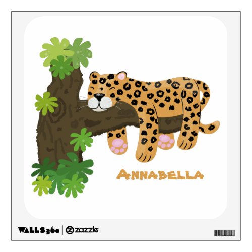 Cute leopard sleeping in tree cartoon illustration wall decal