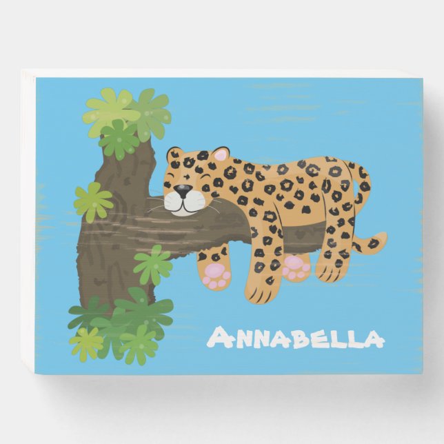 Cute leopard sleeping in tree cartoon illustration wooden box sign (Front Horizontal)