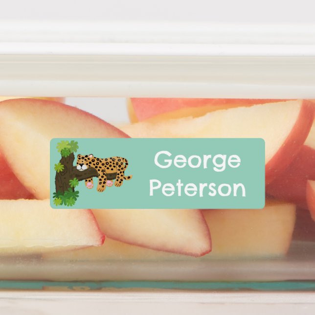 Cute leopard sleeping in tree cartoon personalized labels (Affixed)
