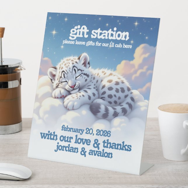 Cute Leopard Sleeps in Clouds Baby Shower Gift Pedestal Sign (In SItu)
