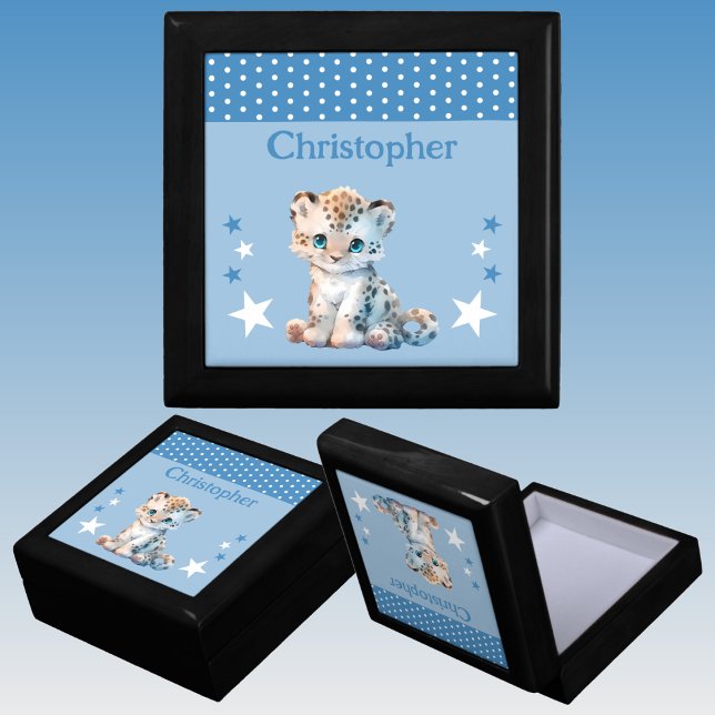 Cute leopard stars add name blue keepsake gift box (Creator Uploaded)