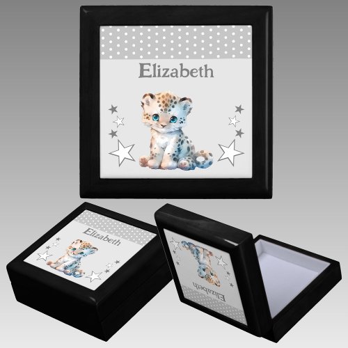 Cute leopard stars add name grey keepsake gift box