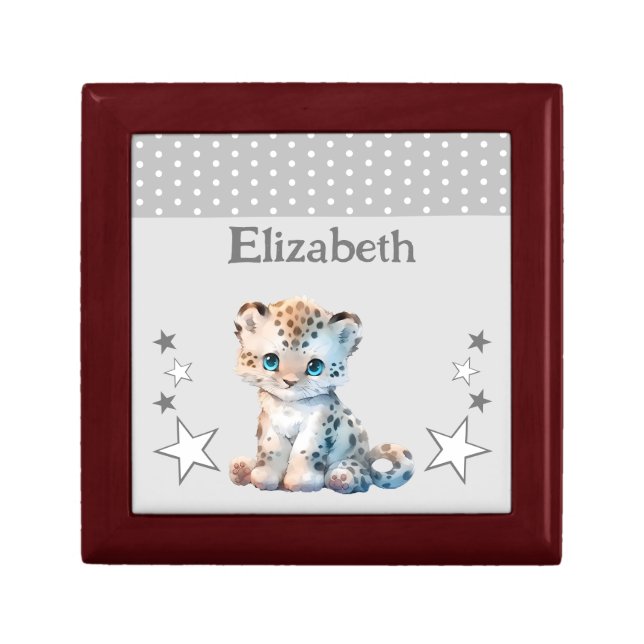 Cute leopard stars add name grey keepsake gift box (Front)
