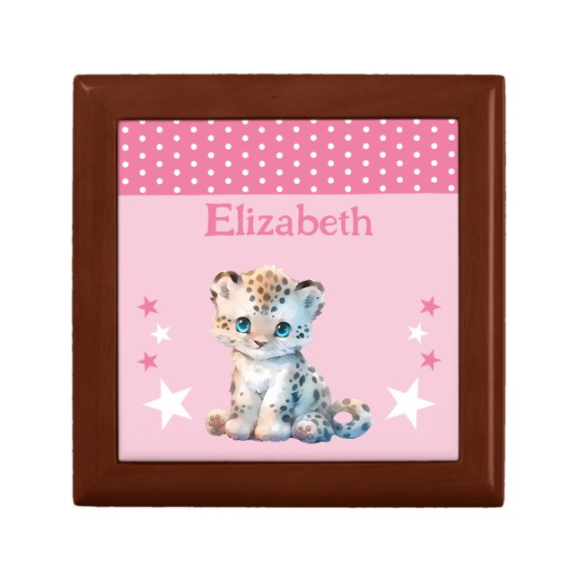 Cute leopard stars add name pink keepsake gift box (Front)