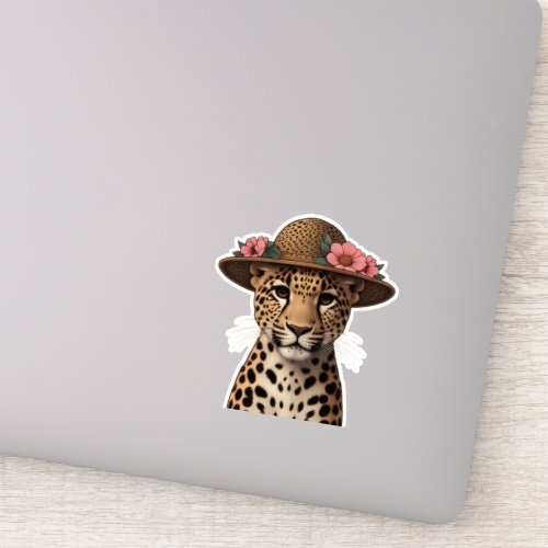Cute Leopard wearing a flower bucket hat Sticker