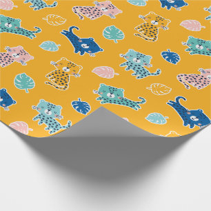 Cute Leopards with jungle leafs on mustard Wrapping Paper