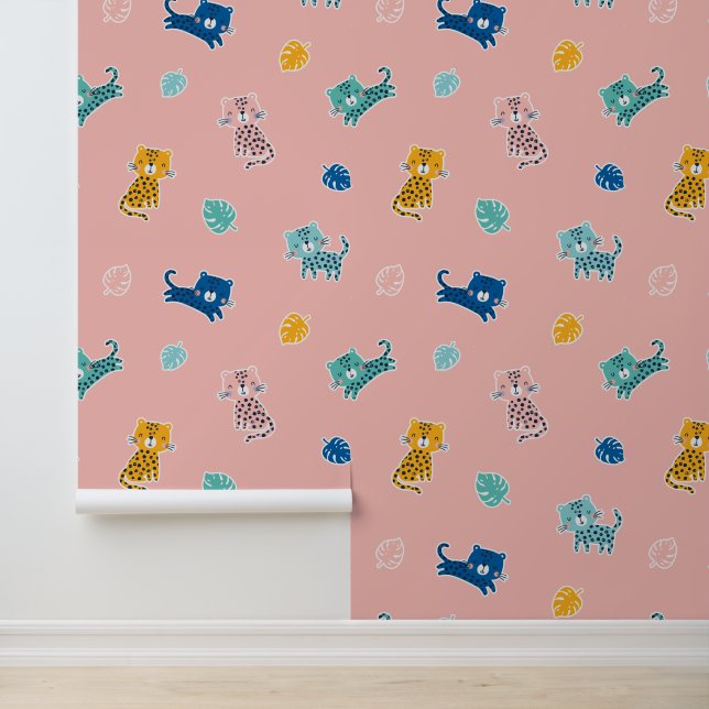 Cute Leopards with jungle leafs on Pink Wallpaper (Application)