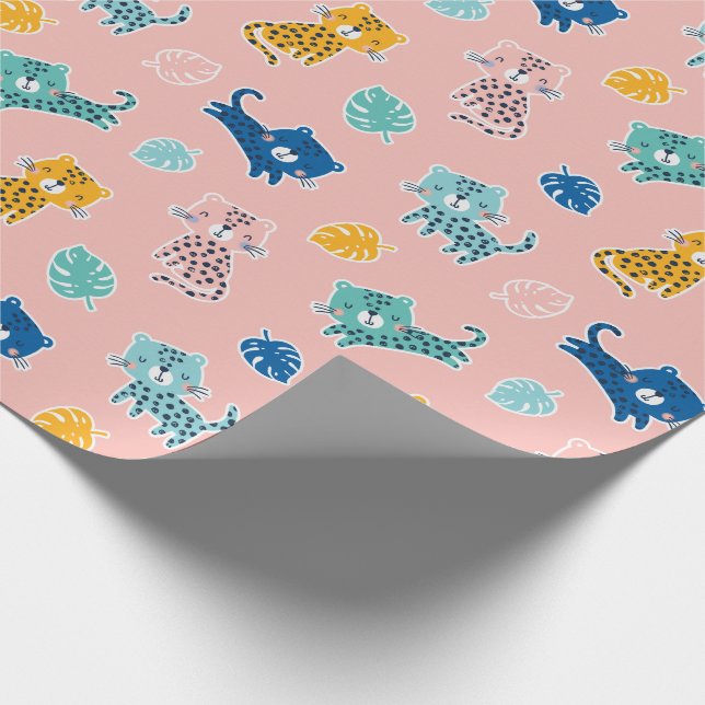 Cute Leopards with jungle leafs on Pink Wrapping Paper (Corner)
