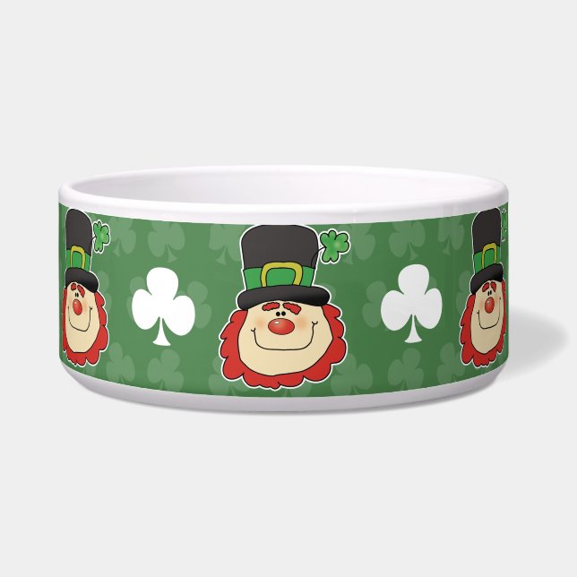 Cute Leprechaun and Shamrocks Pet Dog Food Bowl (Left)