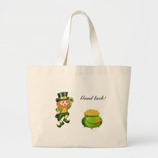 Cute leprechaun, calligraphy & a pot of gold large tote bag