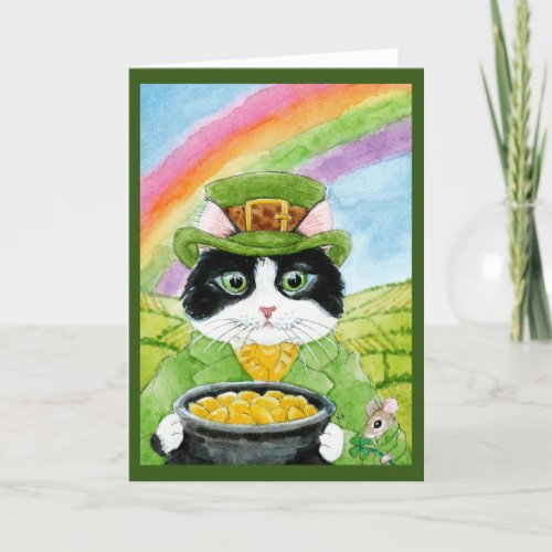 Cute Leprechaun Cat Mouse St Paddys Day Holiday Card