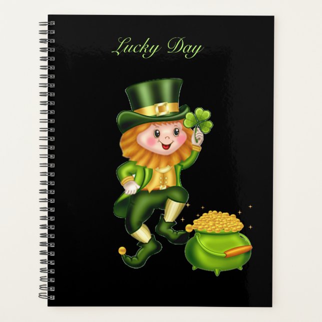 Cute leprechaun & pot of gold on black planner (Front)
