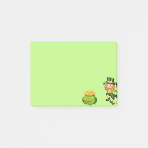 Cute leprechaun  pot of gold on lime green post_it notes