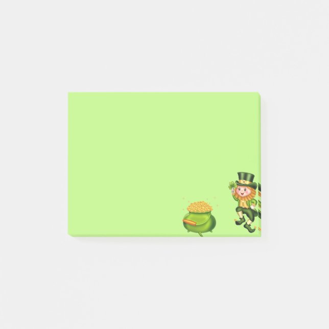 Cute leprechaun & pot of gold on lime green post-it notes (Front)